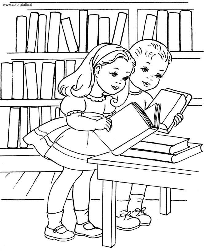 Bambini che leggono libri in biblioteca. libro da colorare